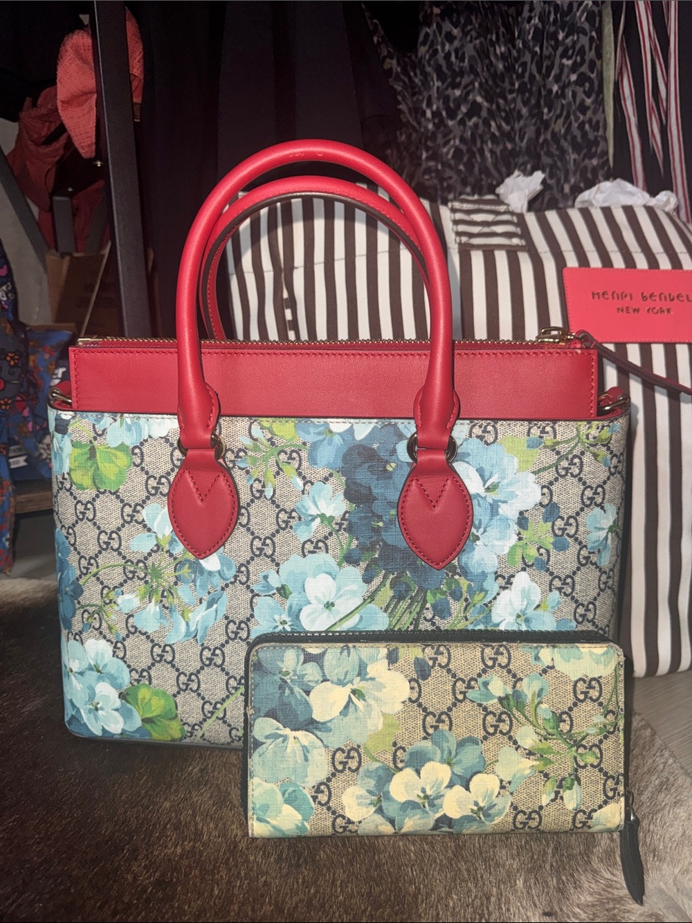 NWOT Gucci Floral GG Canvas Tote with Red Leather Trim and matching wallet!